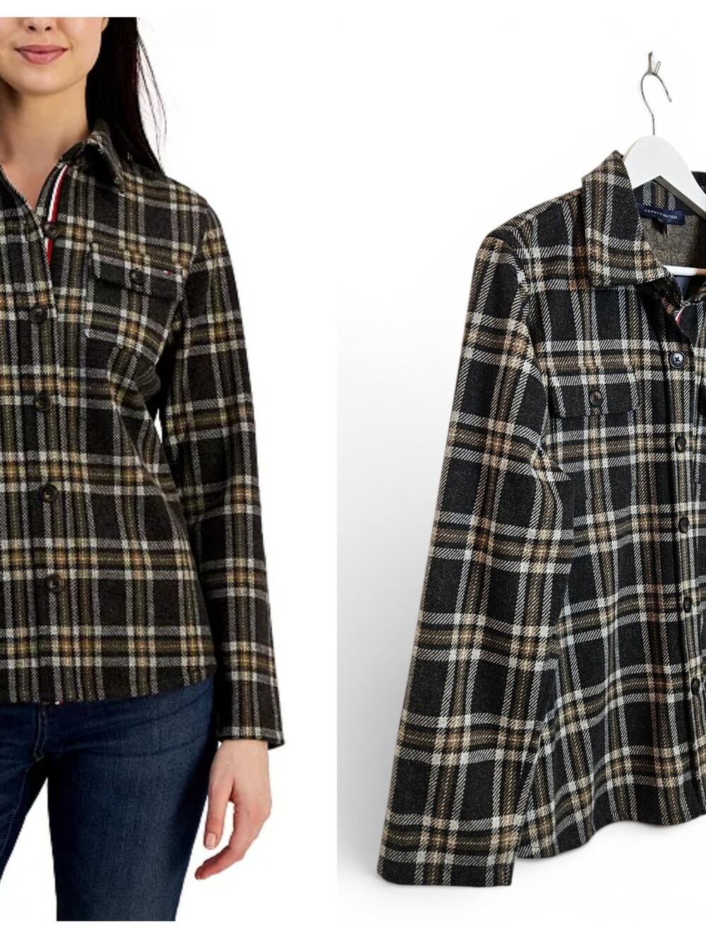 NWT Tommy Hilfiger Plaid Shacket 0X Button Shirt Jacket Utility Black Brown Logo